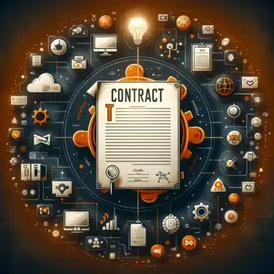 A detailed view of an IT Support Contract from Iconology, encircled by digital icons symbolizing various IT support services and efficiency.