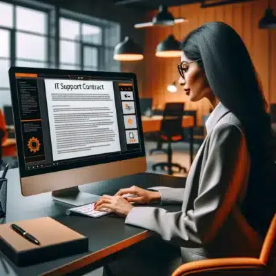 A focused individual drafting a customized IT Support Contract on a computer, highlighting key service points on the screen.