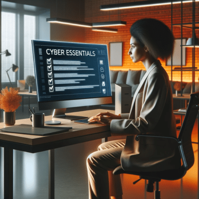 Business professional reviewing a Cyber Essentials checklist on a computer monitor, with items like 'Firewalls' and 'Secure Configuration' marked as complete or in progress.