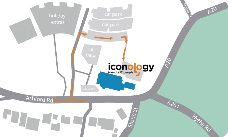 Map of Iconology's location, showing where best to park and contact us.