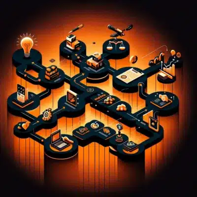 Flowchart depicting MSP procurement process with orange and black icons representing steps like need identification, vendor evaluation, contract negotiation, and purchase finalisation, set against a gradient orange to black background.