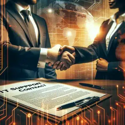 Business handshake finalising an IT Support Contract with digital network graphics symbolising connectivity and partnership.